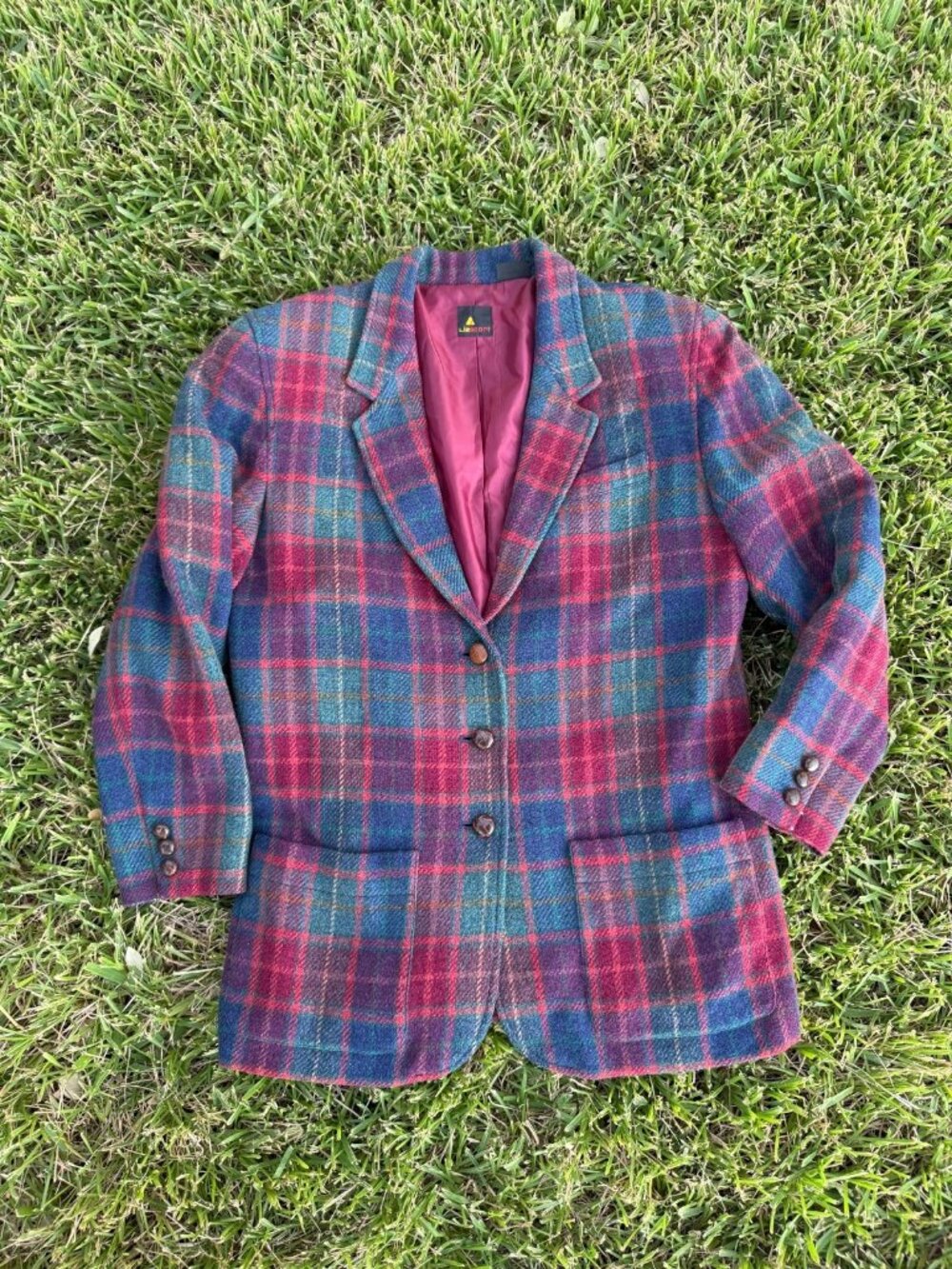 Vintage Liz Sport plaid wool blazer colorful size 8 button accents lined